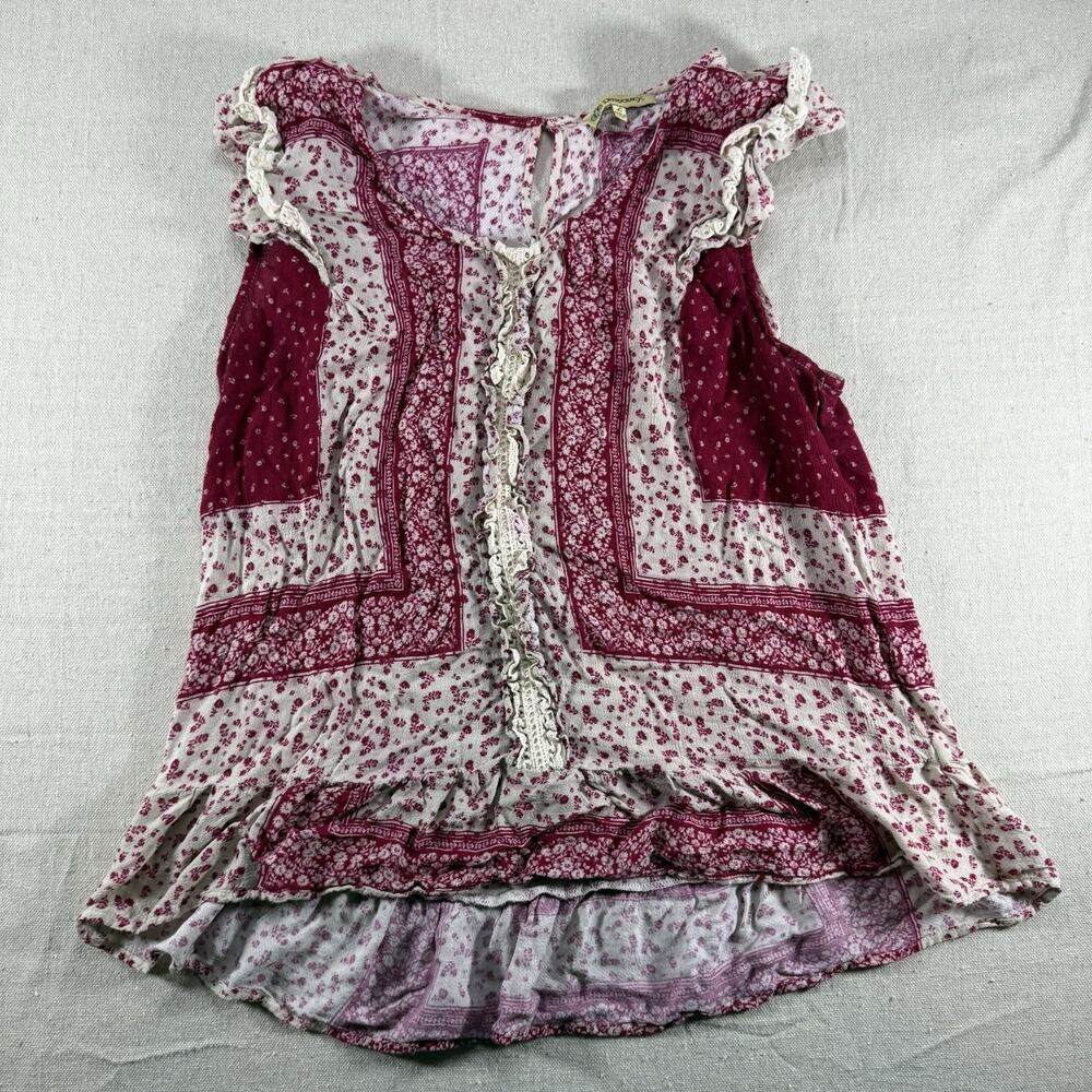 Democracy Womens Large Boho Floral Tunic Top Burgundy Lace Ruffle Rayon Blouse